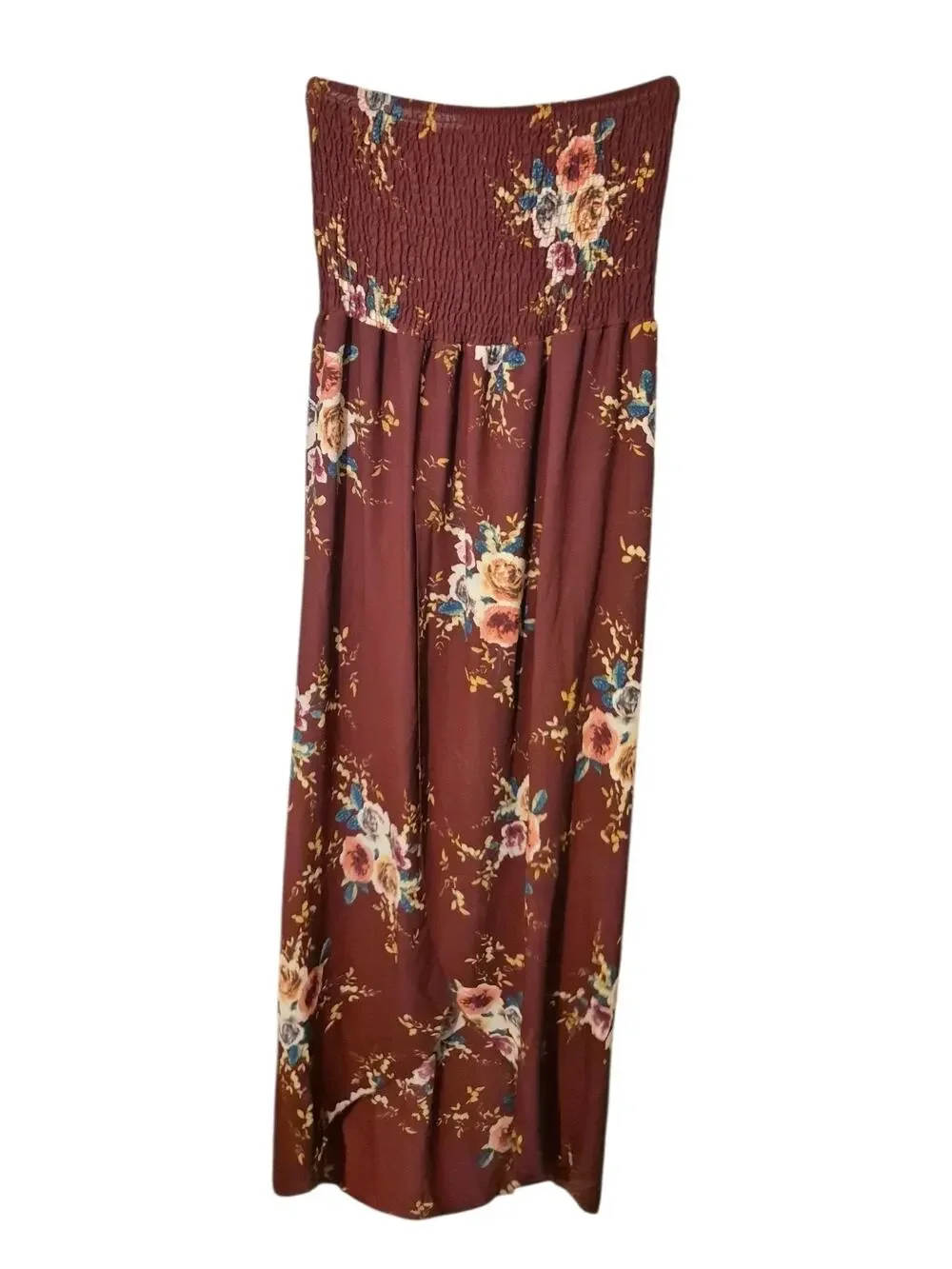 Boho Floral Smocked Maxi Dress XL Burgundy Wine Strapless Beach Vacation Flowy